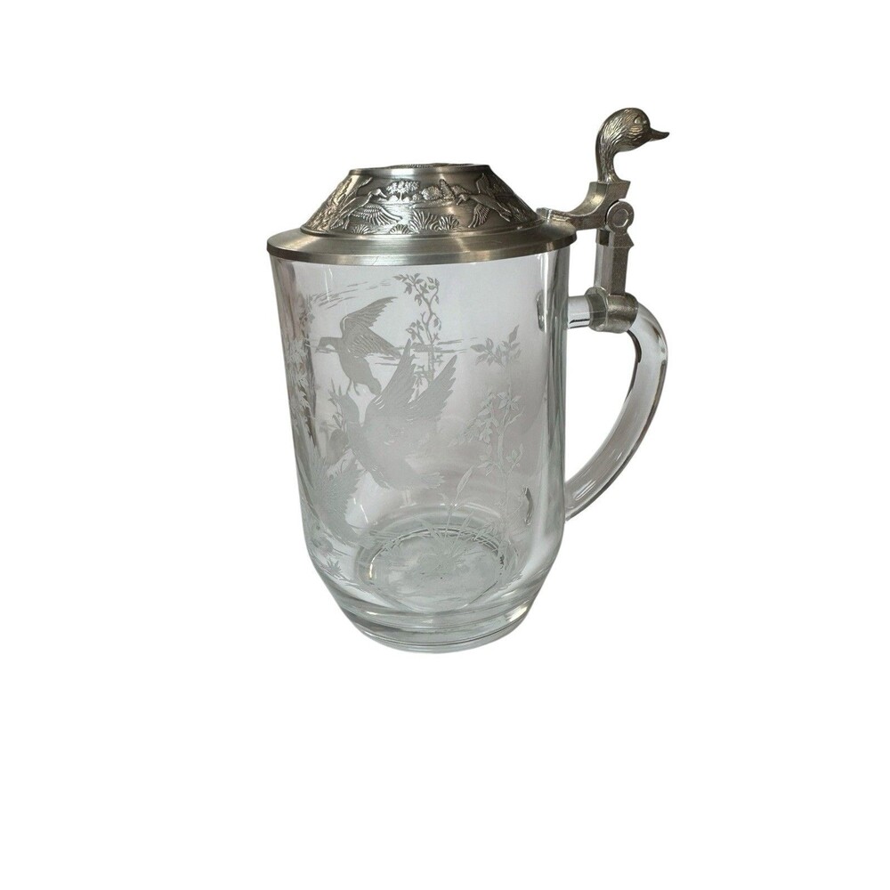 Vintage German Etched Glass Mallard Duck Scene Pewter Lid Beer Stein Cup Mug